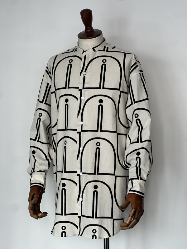 画像1: ハバーサック アタイア スタンドカラーシャツ ウッドブロックプリント Haversack Attire