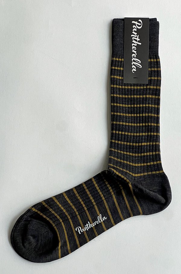画像1: パンセレラ ソックス メリノウール ボーダー チャコールグレー×マスタード Pantherella Socks Merino Wool Border
